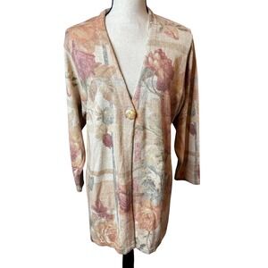 Gabriella T Italy Floral Tapestry Cotton Linen Knit Cardigan Sweater Large Rose